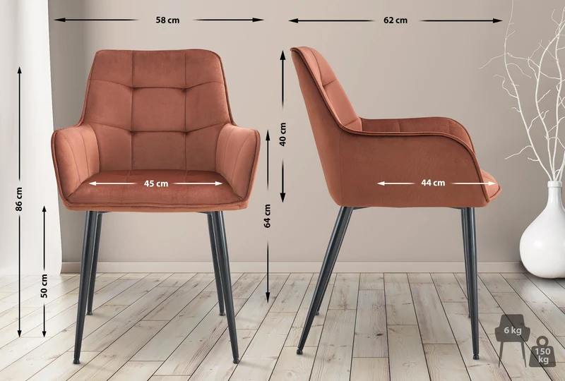 Lot de 2 chaises de salle à manger avec accoudoirs en velours marron capitonné cadre métal noir 10_0007498