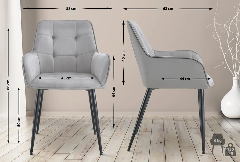 Lot de 2 chaises de salle à manger avec accoudoirs en velours gris clair capitonné cadre métal noir 10_0007494