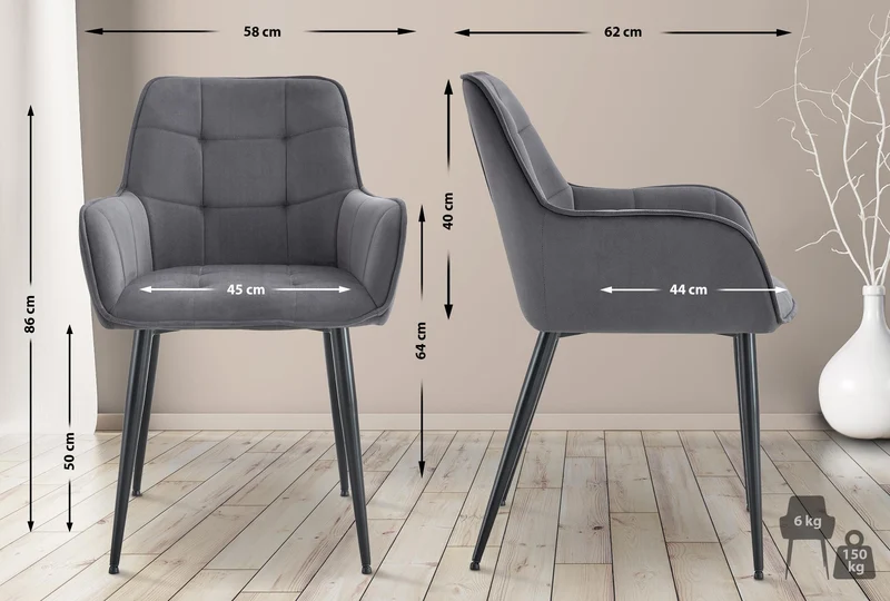 Lot de 2 chaises de salle à manger avec accoudoirs en velours gris foncé capitonné cadre métal noir 10_0007483