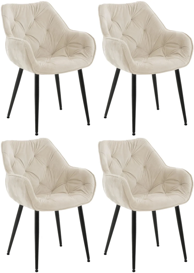 Lot de 4 chaises de salle à manger coutures décoratives en velours crème et pieds en métal noir 10_0007335