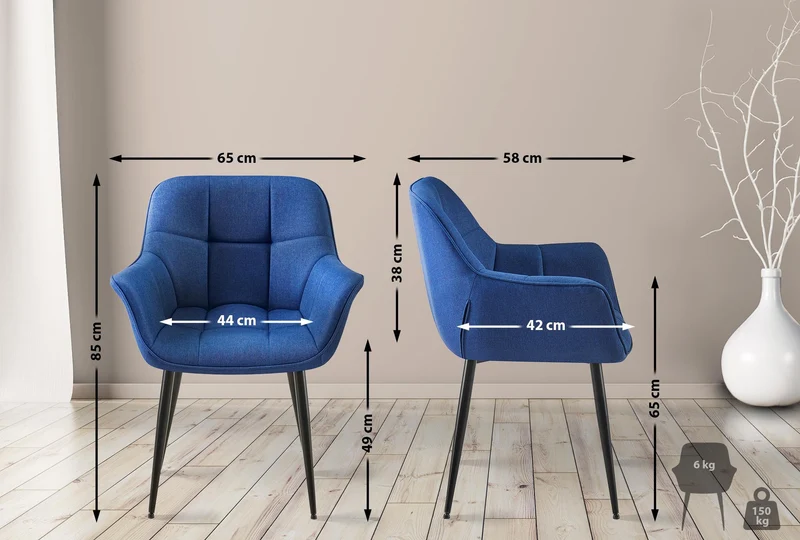 Chaise avec accoudoirs en velours matelassé bleu structure métallique noir confort premium 10_0007623