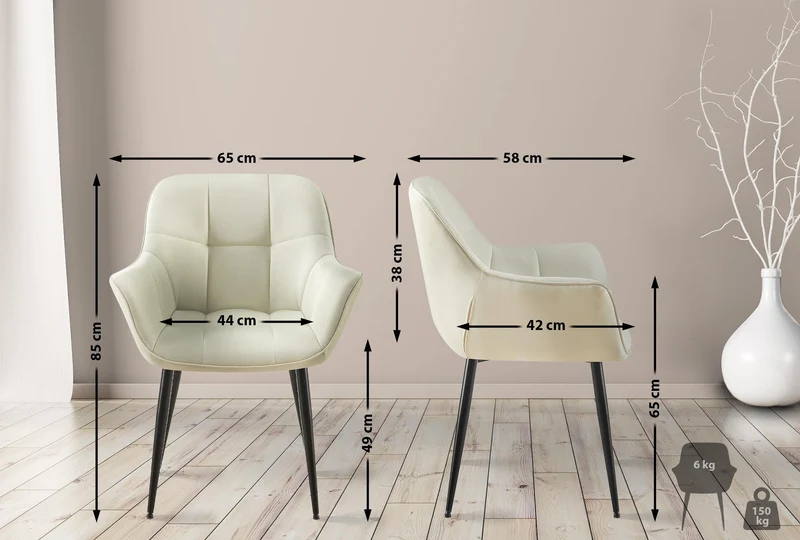 Chaise avec accoudoirs en tissu matelassé crème structure métallique noir confort premium 10_0007516