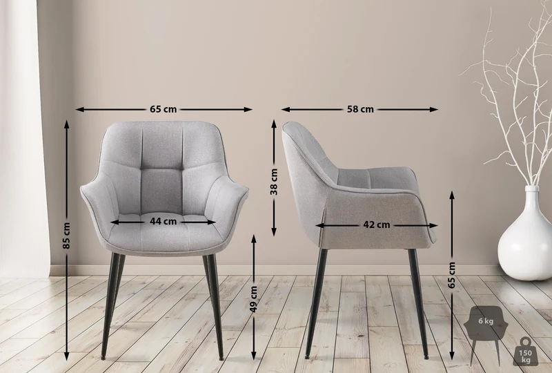 Chaise avec accoudoirs en tissu matelassé gris structure métallique noir confort premium 10_0007503
