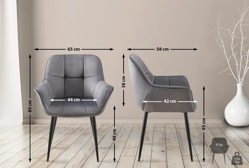 Chaise avec accoudoirs en velours matelassé gris structure métallique noir confort premium 10_0007480