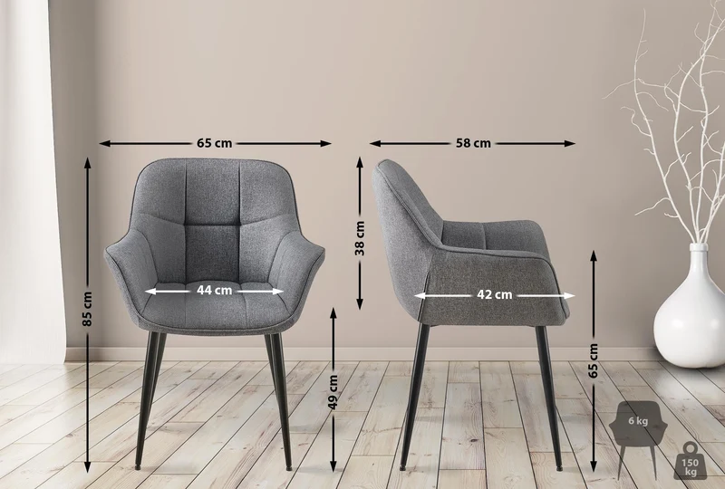 Chaise avec accoudoirs en tissu matelassé gris structure métallique noir confort premium 10_0007473