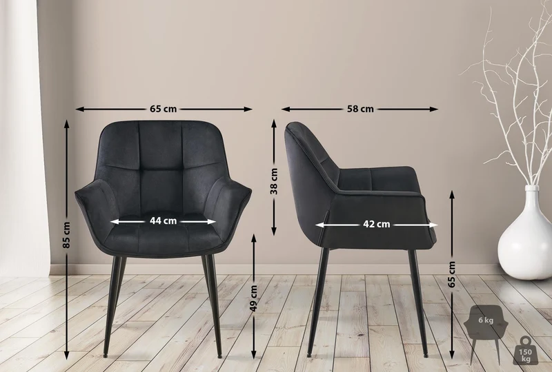 Chaise avec accoudoirs en velours matelassé noir structure métallique noir confort premium 10_0007447