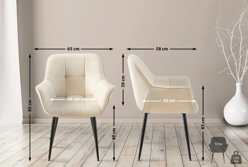 Chaise avec accoudoirs en velours matelassé crème structure métallique noir confort premium 10_0007388