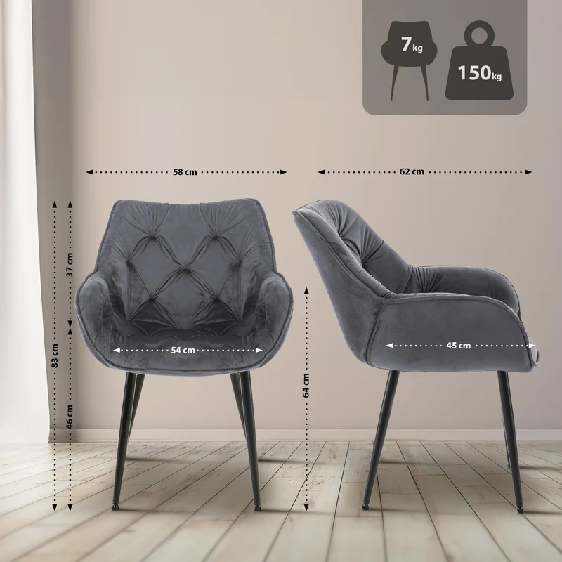 Lot de 4 chaises de salle à manger coutures décoratives en velours gris foncé et pieds en métal noir 10_0007333