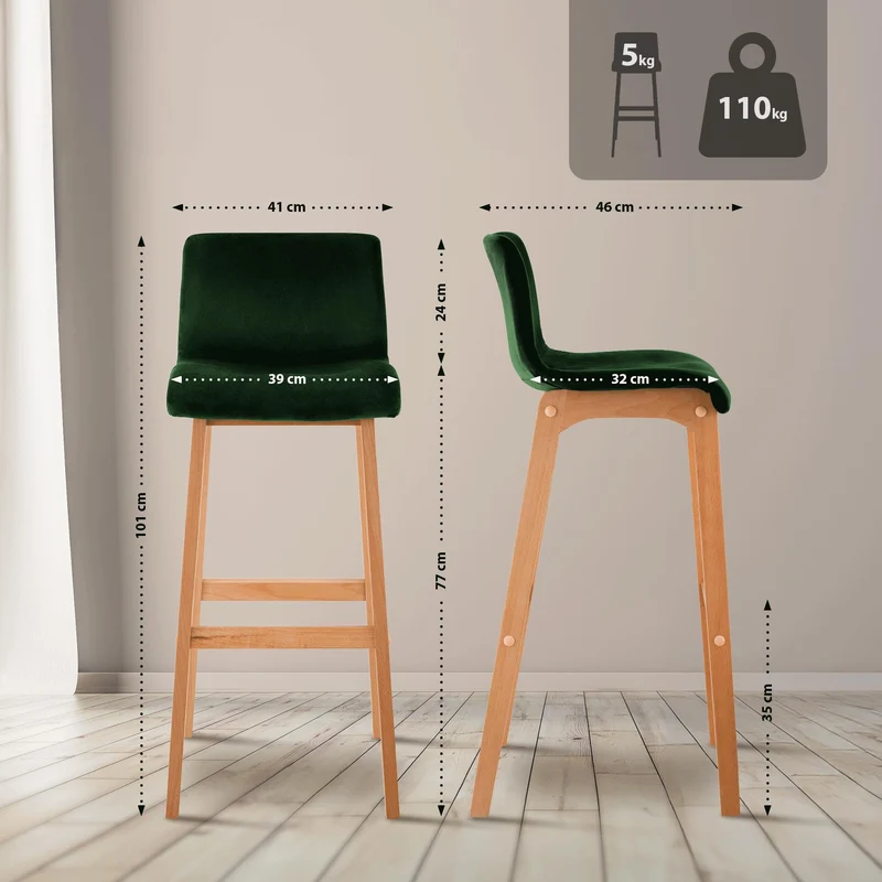 Tabouret de bar x1 piètement à 4 pieds en bois assise en velours vert style scandinave 10_0005951