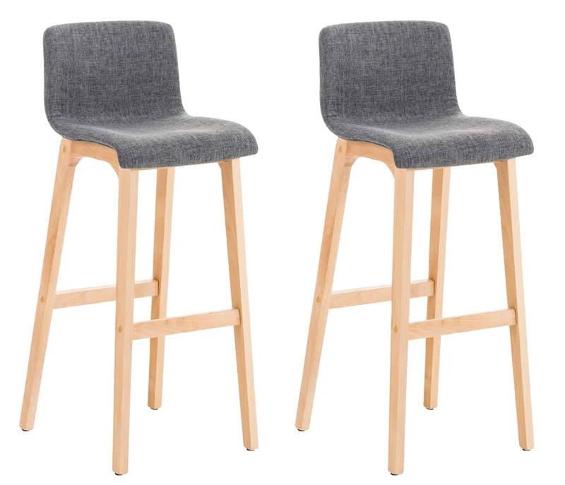 Lot de 2 tabourets de bar design avec structure de 4 pieds en bois et assise en tissu gris clair 10_0004213