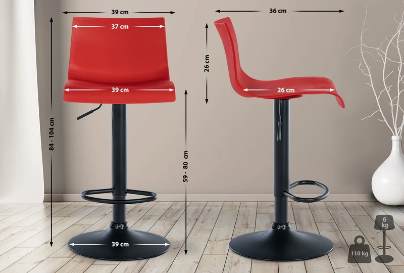 Lot de 2 tabourets de bar design simple avec repose-pieds en plastique rouge pieds en métal noir 10_0004046