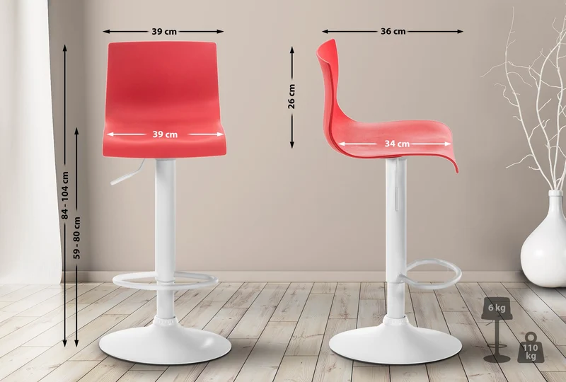 Tabouret de bar x1 avec repose-pieds pivotant dossier incurvé en plastique rouge et métal blanc 10_0004985