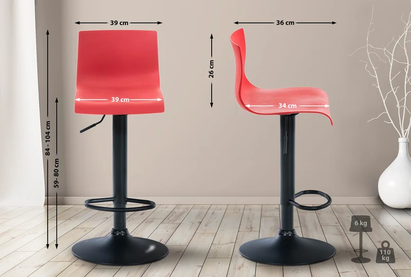 Tabouret de bar avec repose-pieds pivotant dossier incurvé en plastique rouge et métal noir 10_0004935