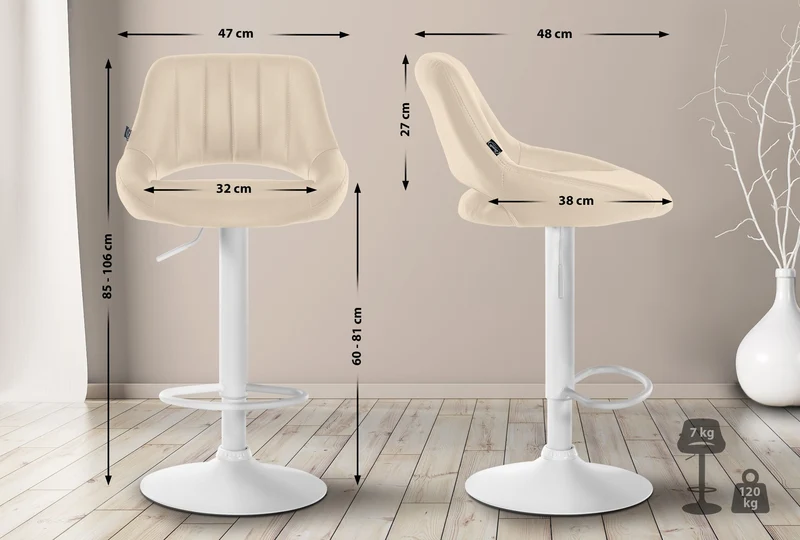 Lot de 2 tabourets de bar chaises hautes réglables en PVC crème dossier ajouré et pied métal blanc 10_0006798