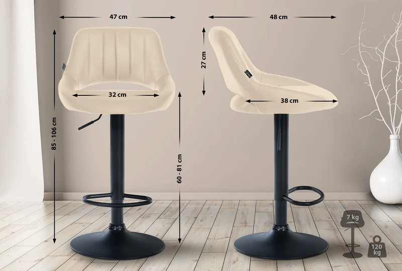 Lot de 2 tabourets de bar chaises hautes réglables en PVC crème dossier ajouré et pied métal noir 10_0006797