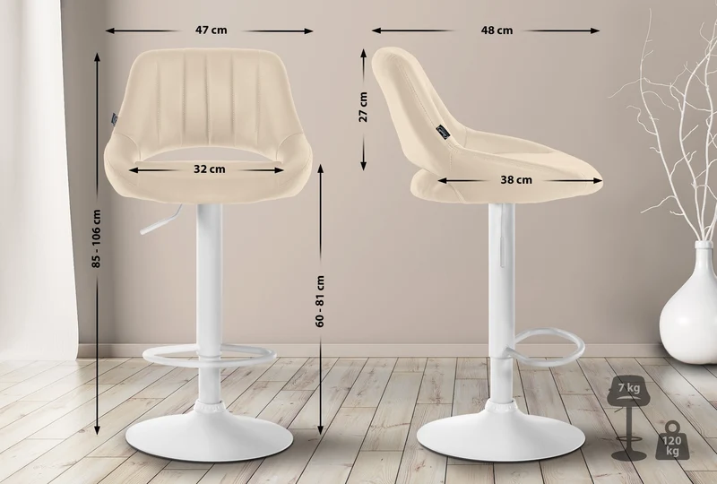 Tabouret de bar chaise haute x1 réglables en PVC crème dossier ajouré et pied métal blanc 10_0006594