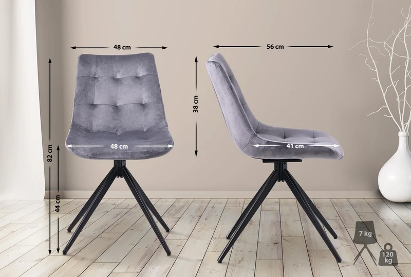 Lot de 2 chaises contemporaine pivotante avec pieds croisés en métal noir et assise en velours gris foncé 10_0007608