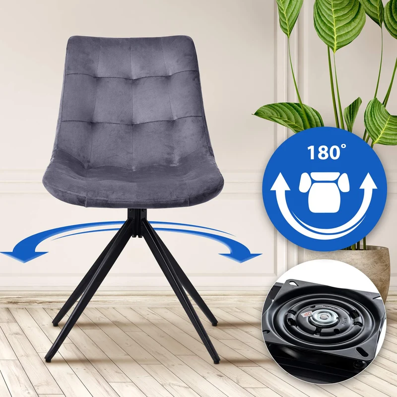 Lot de 2 chaises contemporaine pivotante avec pieds croisés en métal noir et assise en velours gris foncé 10_0007608