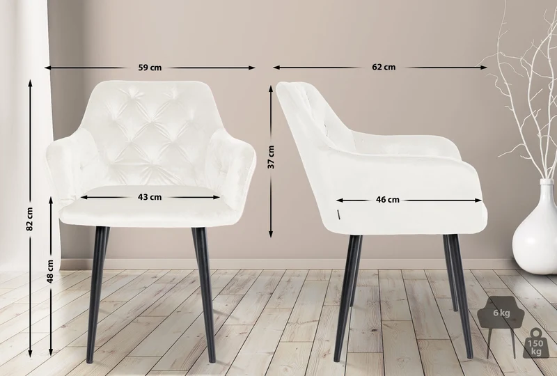 Chaise de salle à manger avec coutures décoratives en velours crème et pieds en métal noir 10_0007391