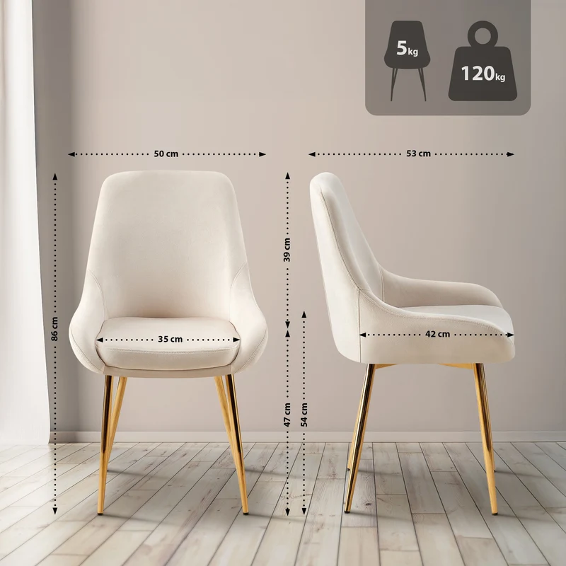 Chaise de salle à manger x1 élégance confort design moderne en velours crème structure métallique doré 10_0007546