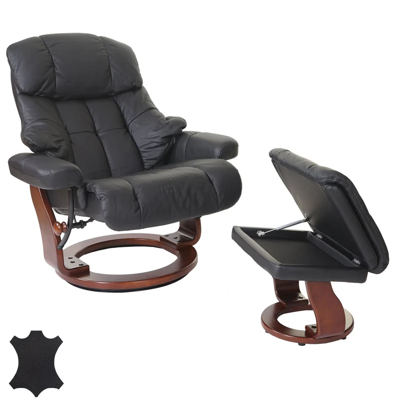 Fauteuil de relaxation avec accoudoirs et repose-pieds en cuir véritable noir cadre en bois aspect noyer 04_0007818