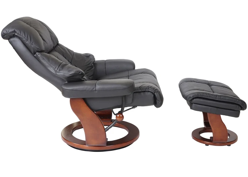 Fauteuil de relaxation avec accoudoirs et repose-pieds en cuir véritable noir cadre en bois aspect noyer 04_0007818