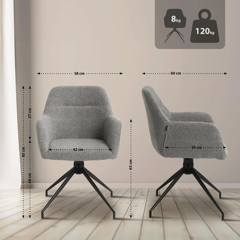Chaise en tissu bouclette gris avec pied étoile en métal noir – Chaise design moderne 10_0007254