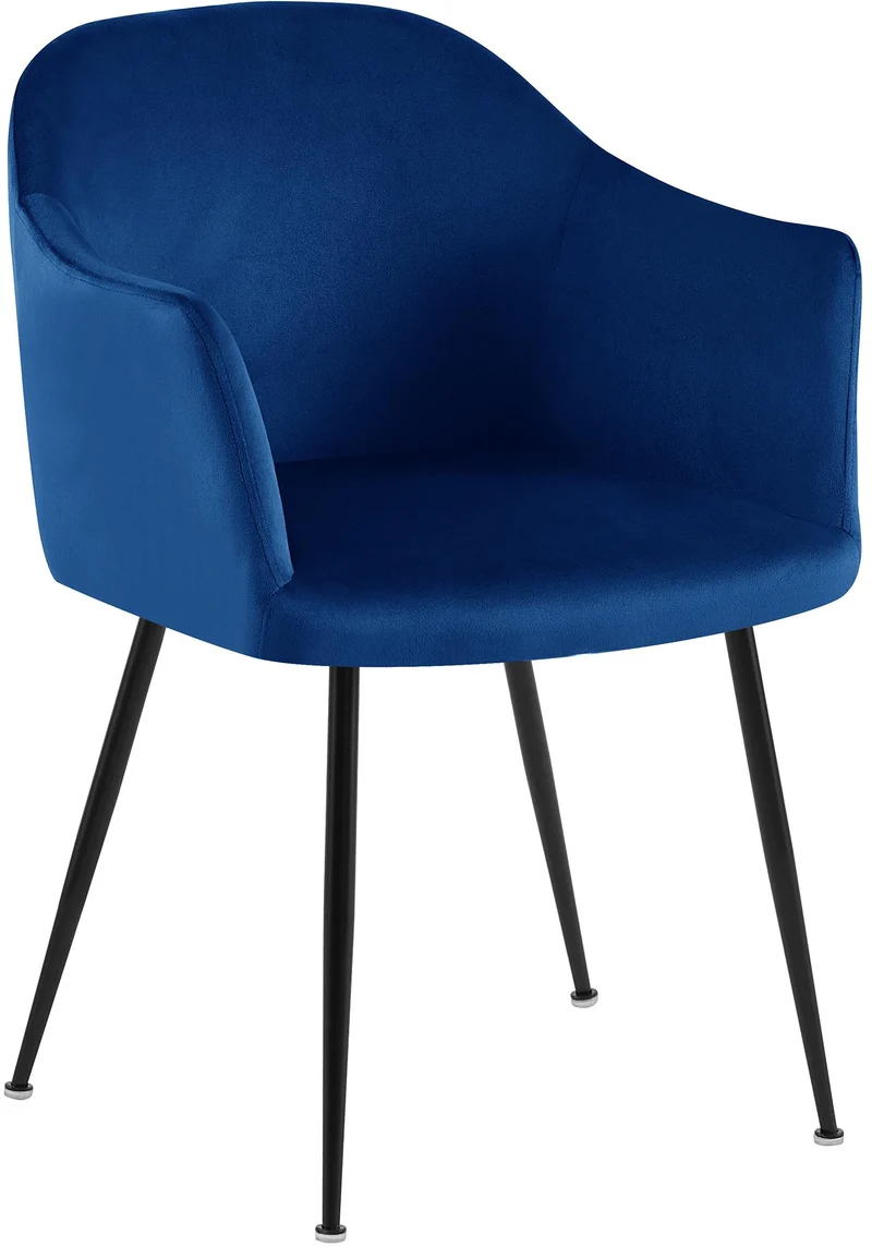 Chaise de salle à manger en velours bleu avec dossier arrondi et pieds métal noir moderne et intemporel 10_0007433