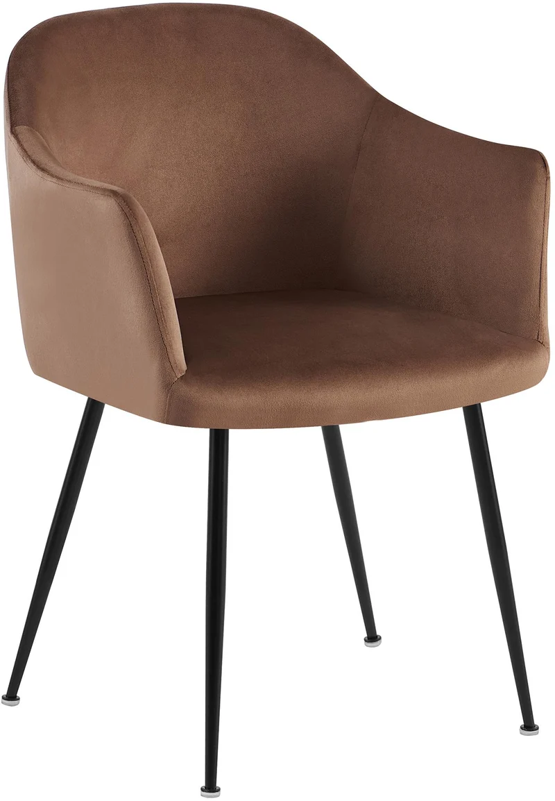 Chaise de salle à manger en velours marron avec dossier arrondi et pieds métal noir moderne et intemporel 10_0007431