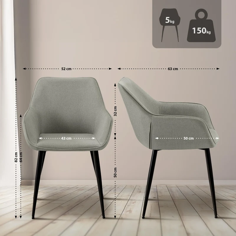 Lot de 2 chaises de salle à manger bureau salle d'attente en tissu gris clair et métal noir 10_0007374