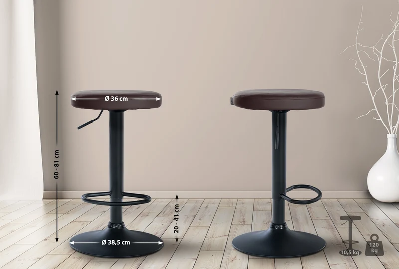Tabouret de bar x1 design simple hauteur réglable revêtement en PVC marron pieds en métal noir 10_0006803