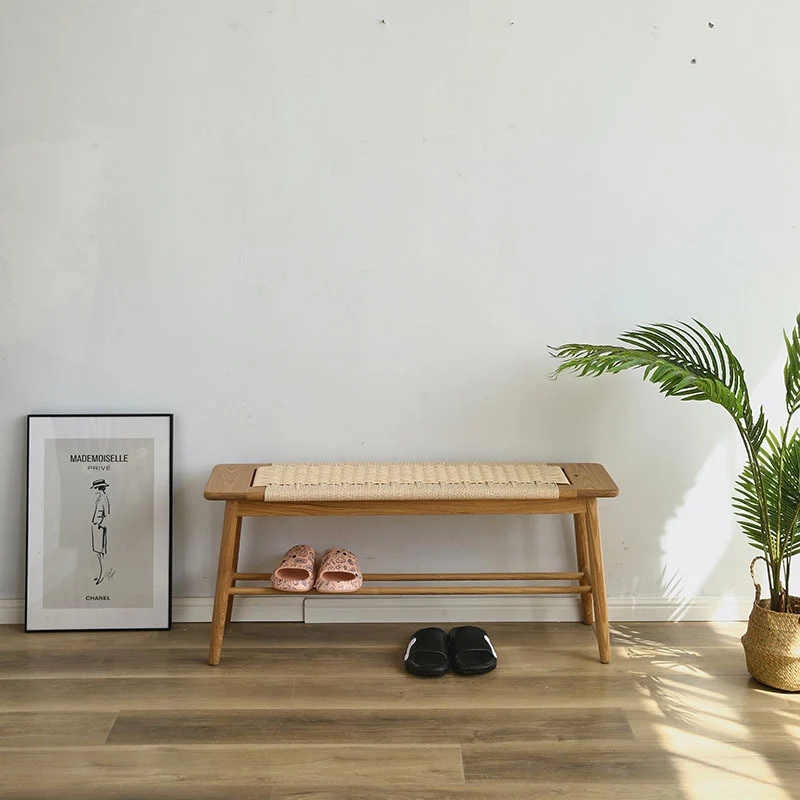 Contemporary Nordic Weaving Kraft Paper Rope Red Oak Wood Cherry Wood Rectangular Bench With 2-Tier Design For Entryway And Living Room