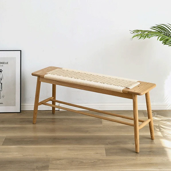 Contemporary Nordic Weaving Kraft Paper Rope Red Oak Wood Cherry Wood Rectangular Bench With 2-Tier Design For Entryway And Living Room