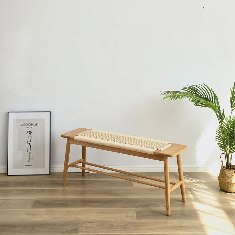 Contemporary Nordic Weaving Kraft Paper Rope Red Oak Wood Cherry Wood Rectangular Bench With 2-Tier Design For Entryway And Living Room