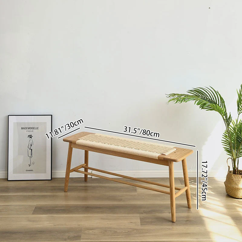 Contemporary Nordic Weaving Kraft Paper Rope Red Oak Wood Cherry Wood Rectangular Bench With 2-Tier Design For Entryway And Living Room