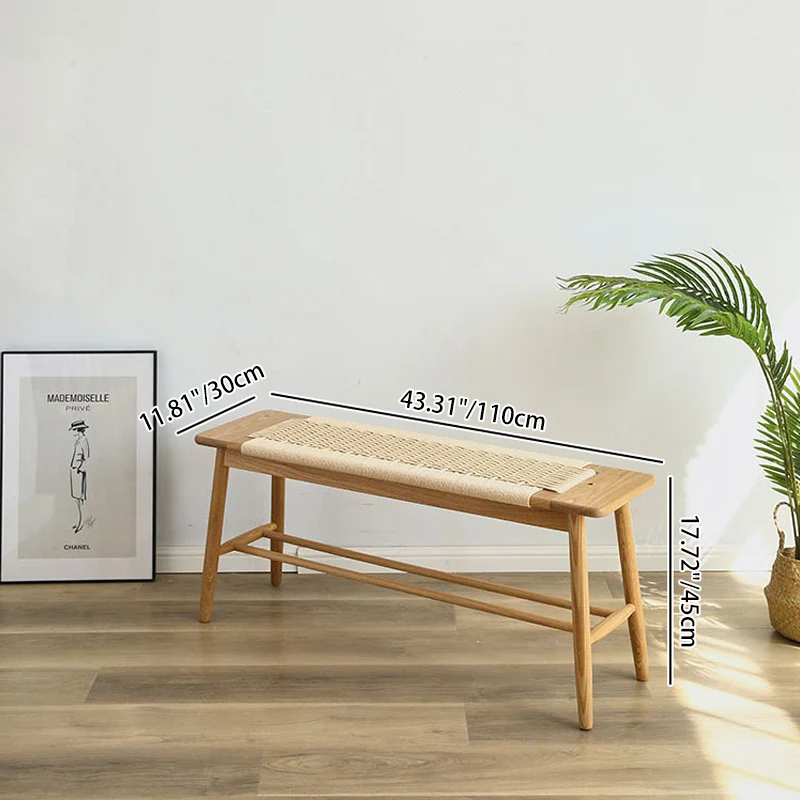 Contemporary Nordic Weaving Kraft Paper Rope Red Oak Wood Cherry Wood Rectangular Bench With 2-Tier Design For Entryway And Living Room