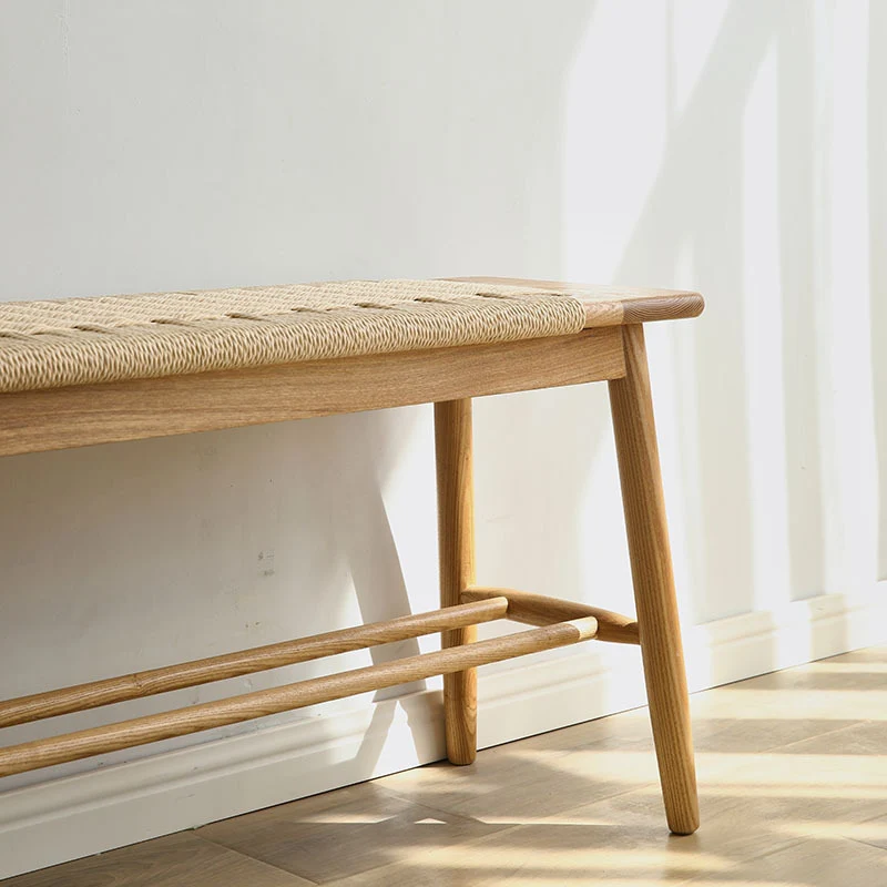 Contemporary Nordic Weaving Kraft Paper Rope Red Oak Wood Cherry Wood Rectangular Bench With 2-Tier Design For Entryway And Living Room