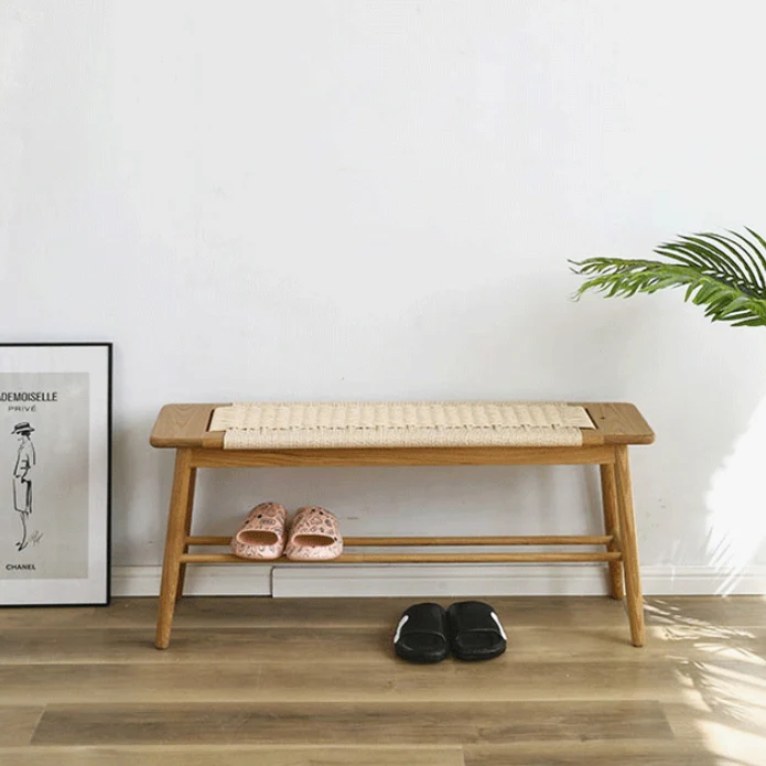 Contemporary Nordic Weaving Kraft Paper Rope Red Oak Wood Cherry Wood Rectangular Bench With 2-Tier Design For Entryway And Living Room