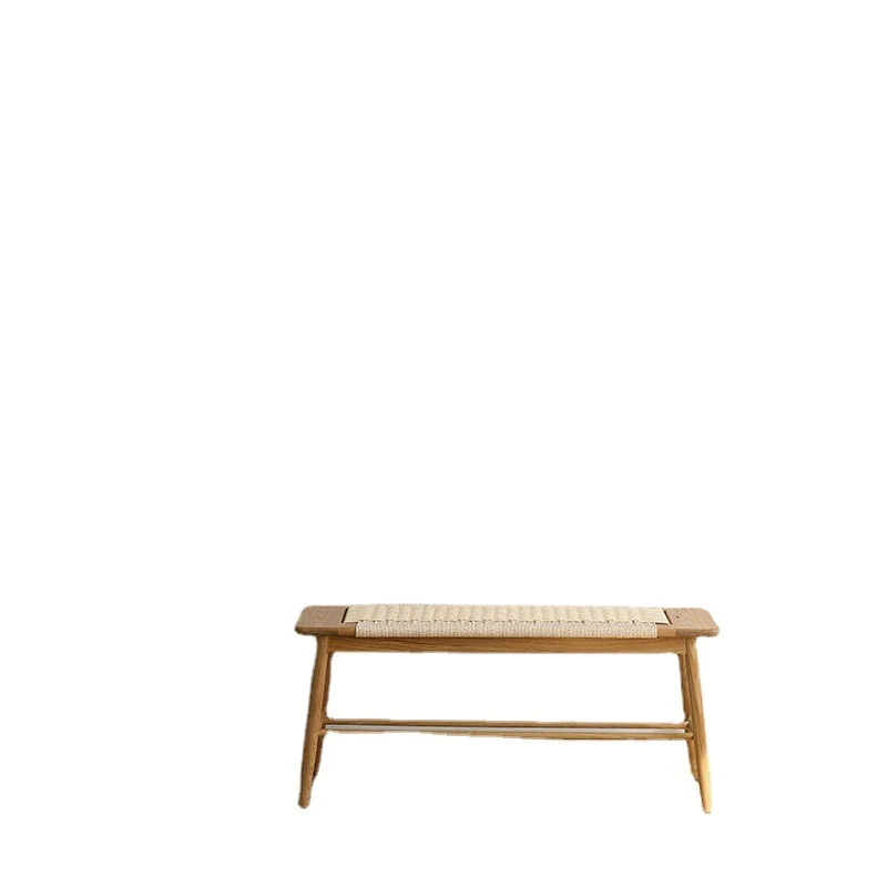 Contemporary Nordic Weaving Kraft Paper Rope Red Oak Wood Cherry Wood Rectangular Bench With 2-Tier Design For Entryway And Living Room