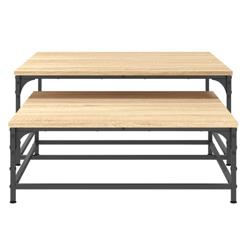 Lot de 2 tables basses gigognes design industriel en bois d'ingénierie couleur chêne et fer DEC040505