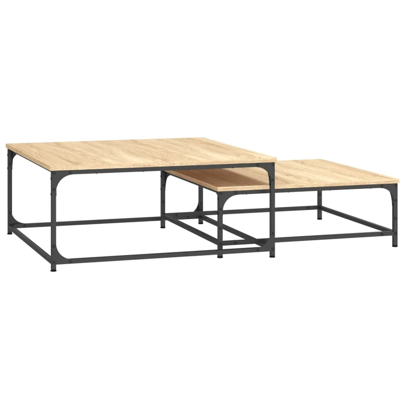 Lot de 2 tables basses gigognes design industriel en bois d'ingénierie couleur chêne et fer DEC040505