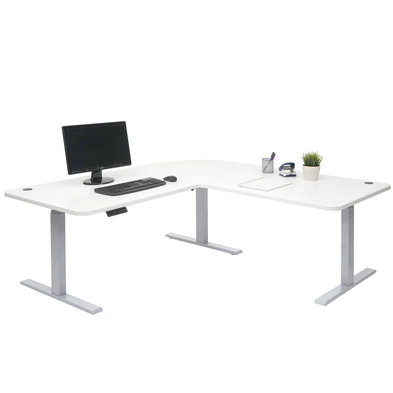 Bureau d'angle table d'ordinateur réglable en hauteur électriquement 178 x 178 cm HDF couleur blanc pieds acier gris 04_0006022