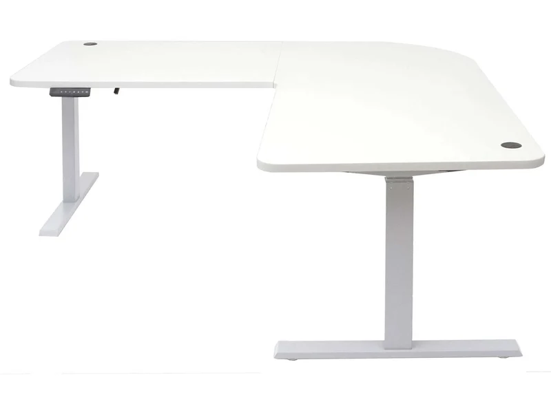 Bureau d'angle table d'ordinateur réglable en hauteur électriquement 178 x 178 cm HDF couleur blanc pieds acier gris 04_0006022