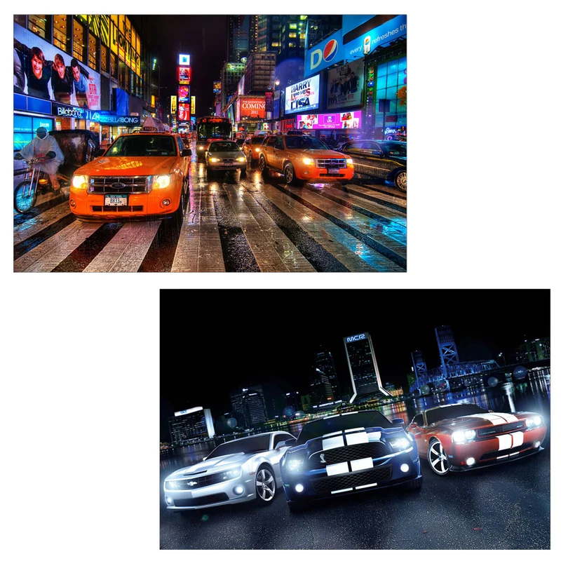 Lot de 2 tableaux LED sur toile tableau illuminé tableau mural 40x60cm minuterie Voitures 04_0000455