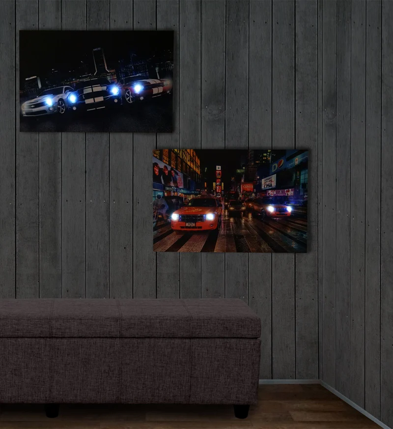 Lot de 2 tableaux LED sur toile tableau illuminé tableau mural 40x60cm minuterie Voitures 04_0000455