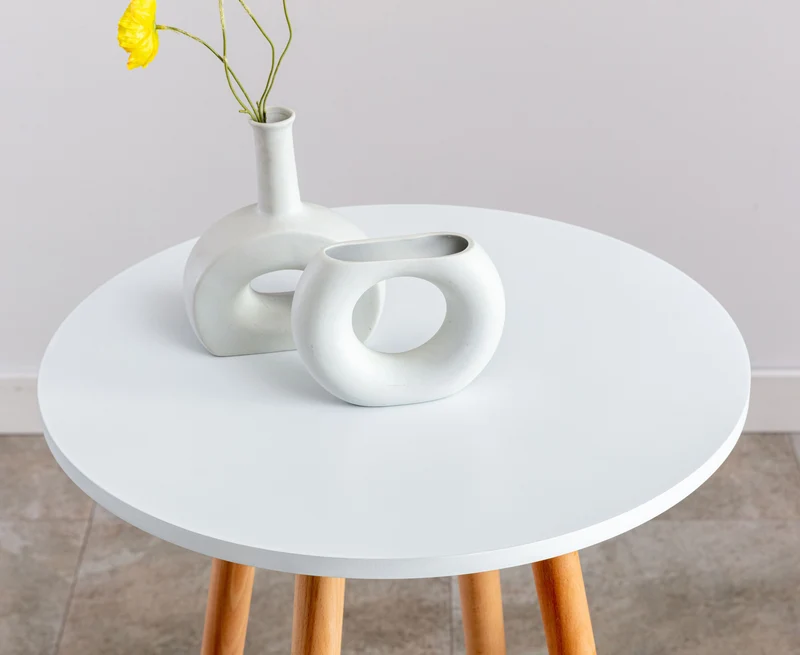 Table haute de bar avec plateau rond repose-pieds circulaire métallique plateau en bois blanc 10_0005525