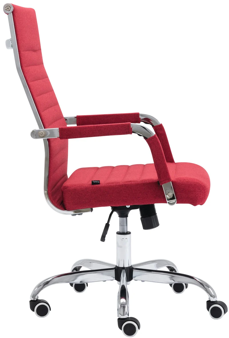 Fauteuil de bureau sur roulettes confortable hauteur réglable en tissu rouge cadre métal chromé BUR10581