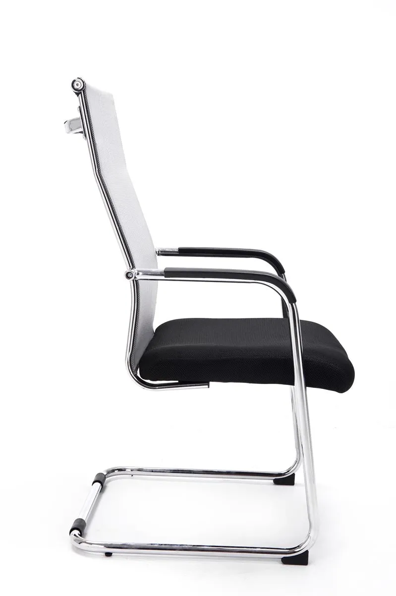 Chaise de bureau fauteuil visiteur sans roulettes dossier haut en tissu maille gris et métal chromé 10_0003319