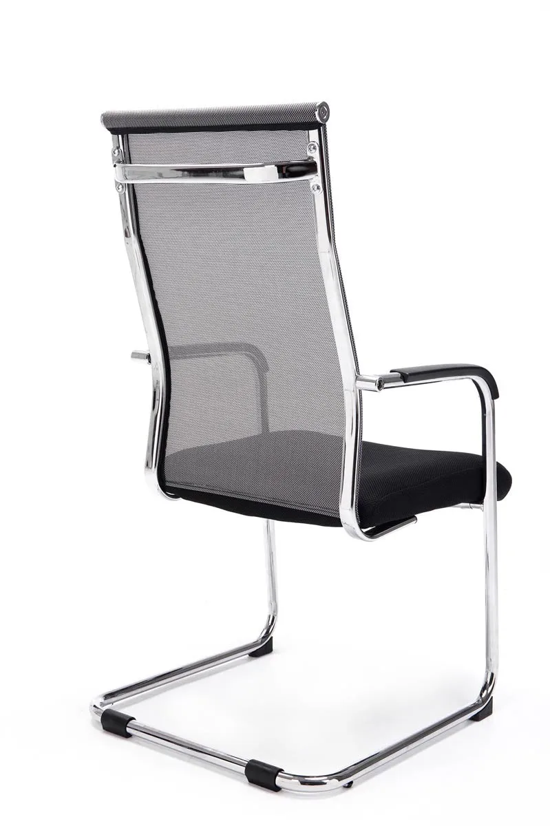 Chaise de bureau fauteuil visiteur sans roulettes dossier haut en tissu maille gris et métal chromé 10_0003319