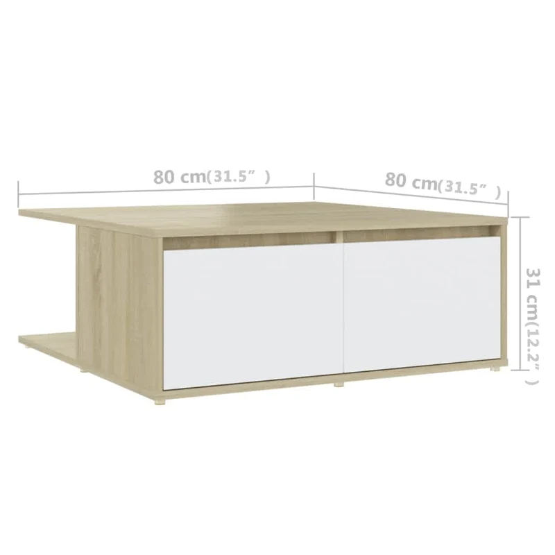 Table basse avec compartiments de rangement et tiroirs design moderne 80 x 80 x 31 cm bois d'ingénierie blanc et chêne DEC038194